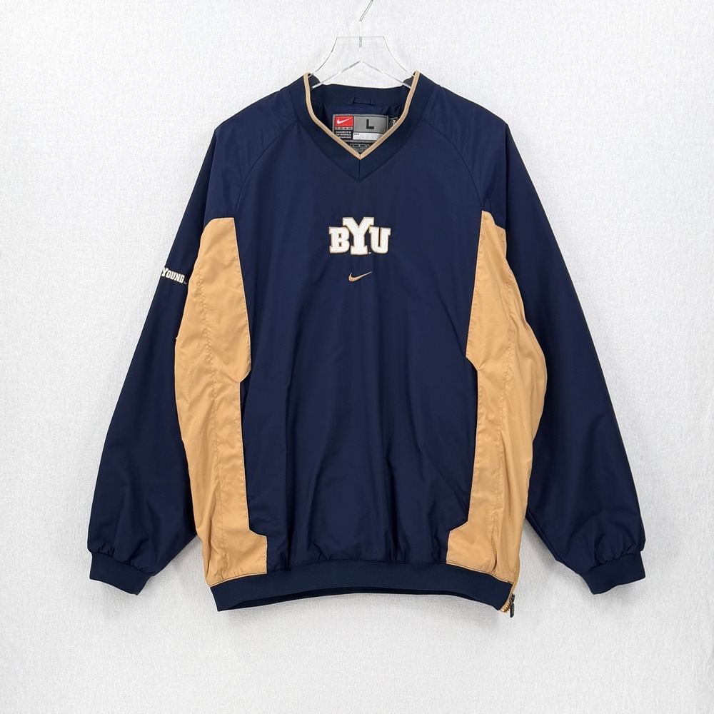 VINTAGE Nike BYU Pullover Windbreaker Jacket Large Navy Tan V Neck Athletic